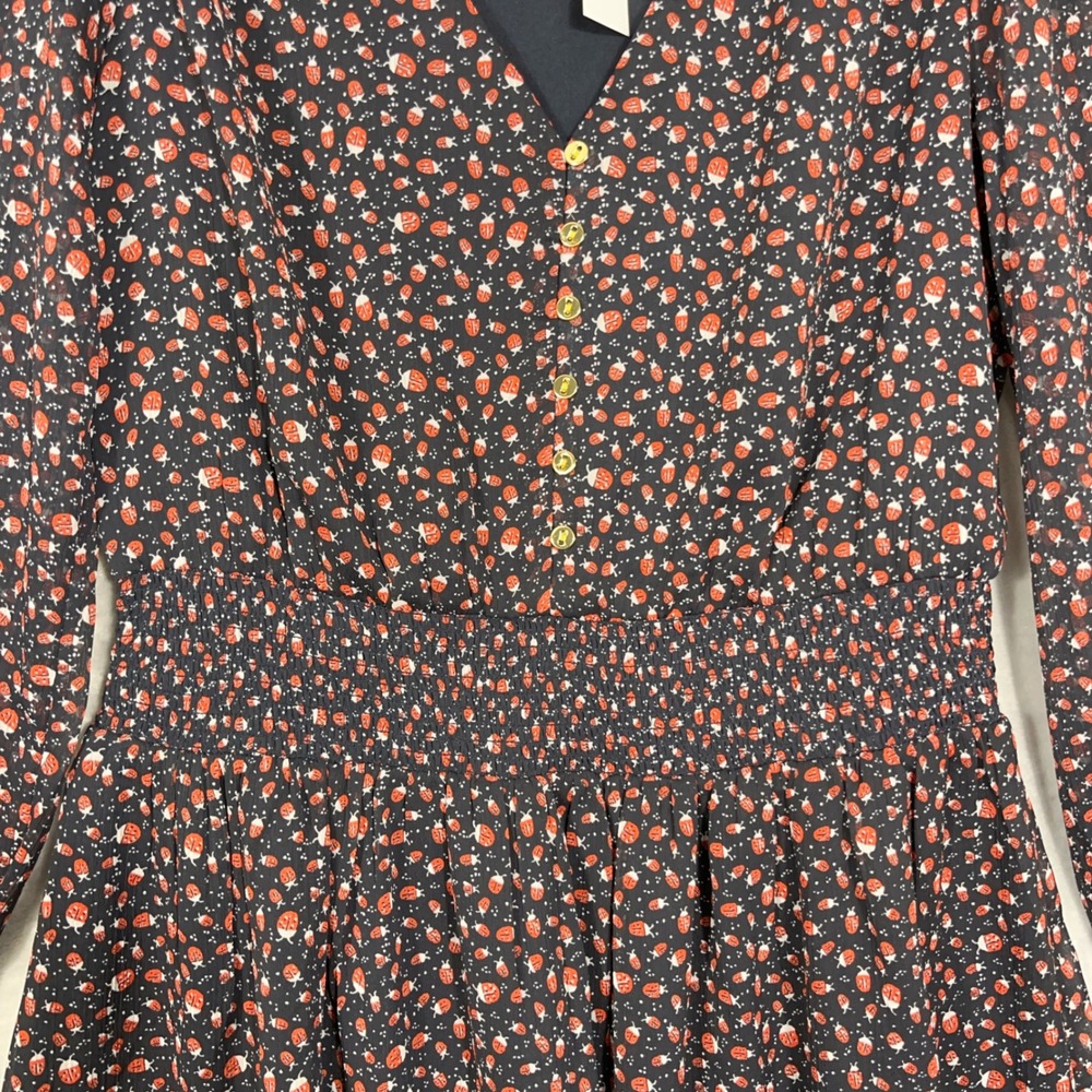 LOFT Women NEW Midi Dress M Navy Ladybug Print Smocked Chiffon V-Neck Career - Picture 11 of 12